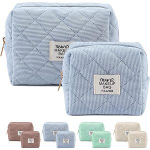 MAANGE Women Cosmetic Purse Corduroy Makeup Pouch Cute Makeup Bag Blue 2Pcs